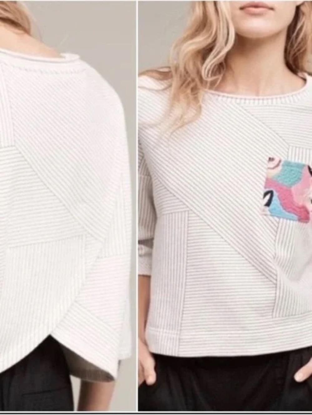 Anthropologie Cream Ribbed Scoop-Neck Sweater with Multicolor Pocket - Picture 2 of 12